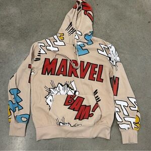 Marvel Graphic Hoodie Sweatshirt Unisex Tan All Over Print Pullover Cartoon Med